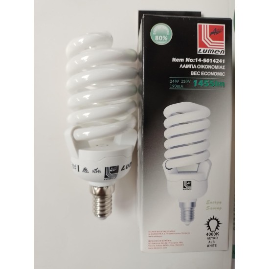 Λάμπα οικονομίας σπιράλ 24W E14 4000K Lumen