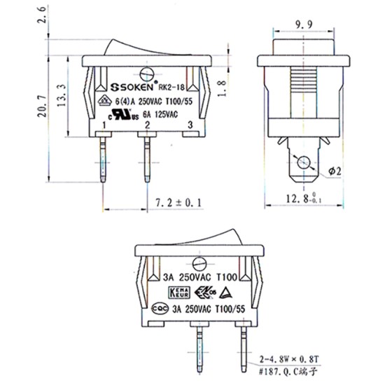ΔΙΑΚΟΠΤΗΣ ROCKER MINI 2P ON-OFF 6A/250V ΓΚΡΙ RΚ2-16 1X1 B/G ''0-'' SOKEN